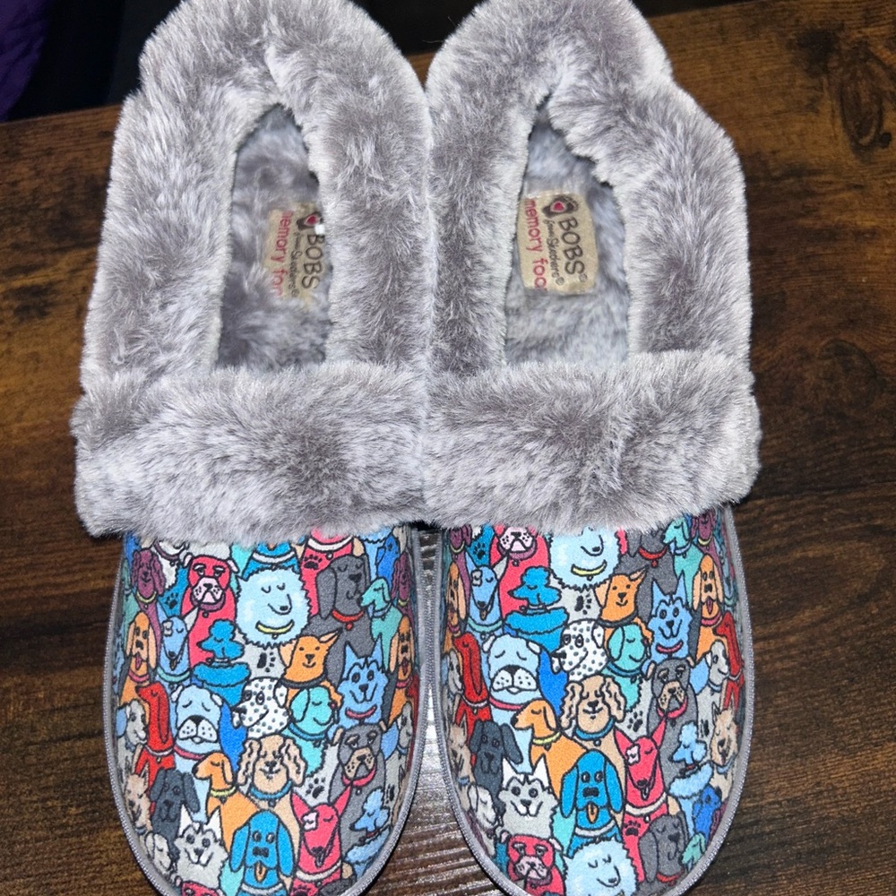 Bobs Colorful Dog Print Slippers with Faux Fur Lining